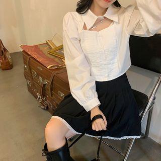 Keyhole Detail Lapel Long-sleeve Shirt White - One Size