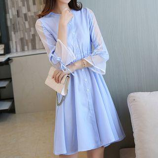 Mandarin Collar Striped A-line Shirt Dress