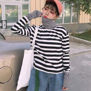 Striped Panel Turtleneck Long Sleeve T-shirt