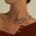 Set : Butterfly Rhinestone Alloy Choker + Alloy Necklace Silver - One Size