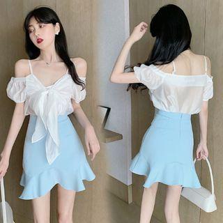 Ribbon Cold-shoulder Blouse / Ruffle Hem Mini Pencil Skirt