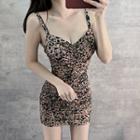 Spaghetti Strap Leopard Print Ruched Mini Bodycon Dress