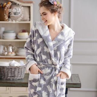 Polar Bear Print Coral Fleece Hooded Robe
