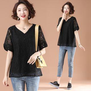 Plain V-neck Short-sleeve Lace T Shirt