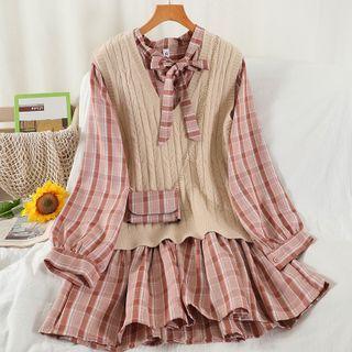 Set: Puff-sleeve Plaid Shirtdress + Sweater Vest
