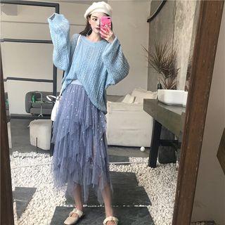 Plain Long-sleeve Open-knit Top / Pleated Midi Mesh Skirt