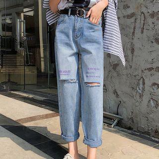Lettering Ripped Straight Cut Jeans