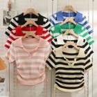 Drawstring-side Striped Crop T-shirt In 7 Colors