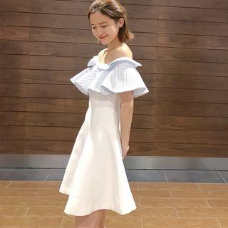 Striped Panel Off-shoulder Short-sleeve A-line Dress