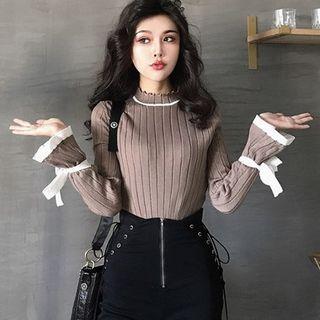 Mock Turtleneck Bell-sleeve Knit Top