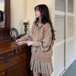 Long-sleeve Plaid Pleated A-line Mini Shirtdress / Knit Vest