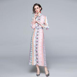 Stand-collar Floral Belted Maxi A-line Dress