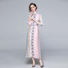 Stand-collar Floral Belted Maxi A-line Dress
