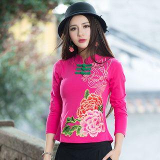 Embroidered Frog Button Long-sleeve Top