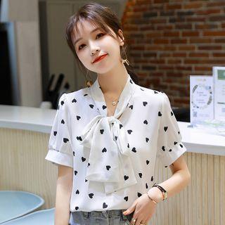 Short-sleeve Tie-neck Heart Pattern Blouse