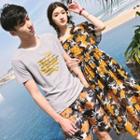 Couple Matching Flower Print Midi Sundress / Printed Short-sleeve T-shirt / Shorts