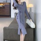 Long-sleeve Asymmetrical Cutout Sashed Knit Sheath Dress