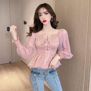 Dotted Lace Up Lantern-sleeve Peplum Top