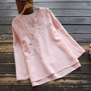 Embroidered Open-placket Blouse