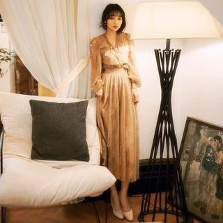 Set: Balloon-sleeve Lace Blouse + A-line Midi Lace Skirt