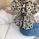 Tie-back Puff-sleeve Printed Crop Blouse Khaki - One Size