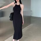 Halter-neck Midi Bodycon Dress Black - One Size