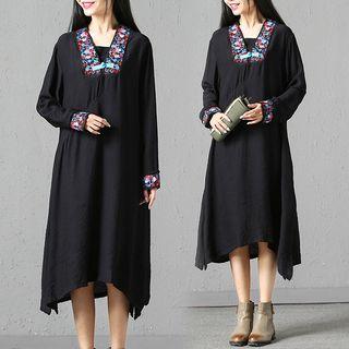 Embroidered Square-neck Long-sleeve Dress