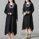 Embroidered Square-neck Long-sleeve Dress