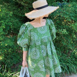 Elbow-sleeve Printed Mini A-line Dress Green - One Size