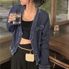 Fringed Trim Denim Jacket Denim Jacket - Dark Blue - One Size