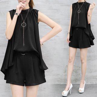 Set: Plain Crew-neck Sleeveless Top + Shorts