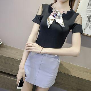 Short-sleeve Tulle Panel Knit Top