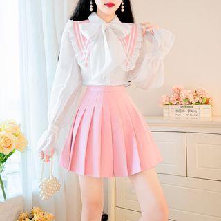 Set: Sailor Collar Tie-neck Blouse + Pleated A-line Skirt