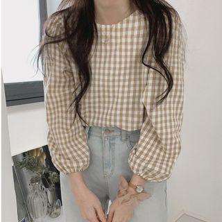 Puff Long-sleeve Round Neck Plaid Blouse