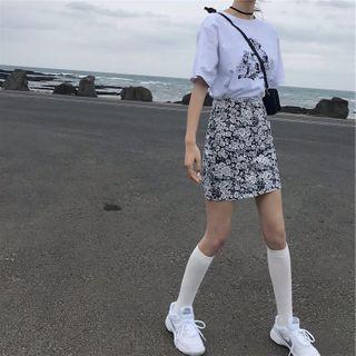 Elbow-sleeve Print T-shirt / Floral Print Mini Pencil Skirt