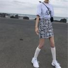 Elbow-sleeve Print T-shirt / Floral Print Mini Pencil Skirt