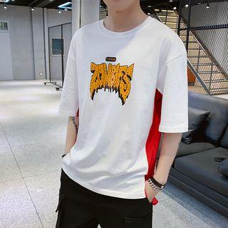 Elbow-sleeve Color Panel Graphic T-shirt