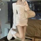 Fluffy Trim Lace-up Mini Bodycon Dress