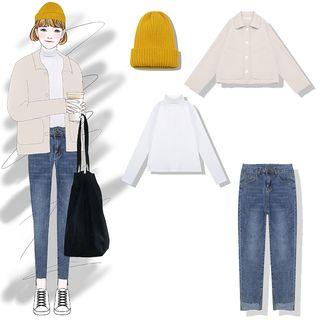 Long-sleeve Turtleneck T-shirt / Single-breasted Jacket / Washed Jeans / Cuffed Beanie