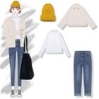 Long-sleeve Turtleneck T-shirt / Single-breasted Jacket / Washed Jeans / Cuffed Beanie