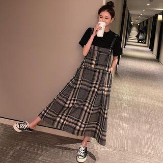Set: Short-sleeve T-shirt + Plaid Midi Pinafore Dress