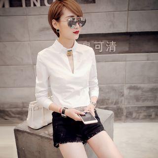 Long-sleeve Cutout Plain Shirt