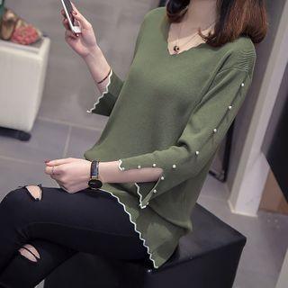 3/4-sleeve Embellished Knit Top