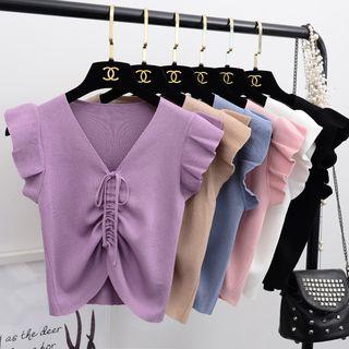 Drawstring Ruffle Trim Sleeveless Knit Top