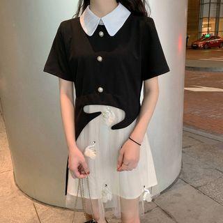 Crystal Applique Asymmetric Panel Short-sleeve Dress Black - One Size