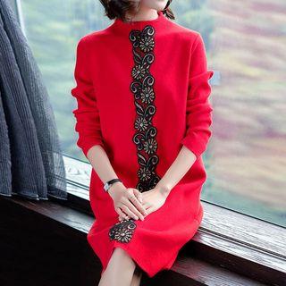 Embroidered Mock-neck Knit Dress