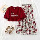Set: Lettering Short-sleeve T-shirt + Floral Print Chiffon Midi Skirt
