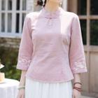 3/4-leeve Embroidered Linen Qipao Top