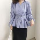 Striped V-neck Blouse With Belt