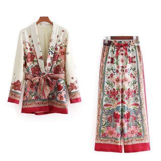 Printed Tie-waist Blazer / Printed Wide Leg Pants